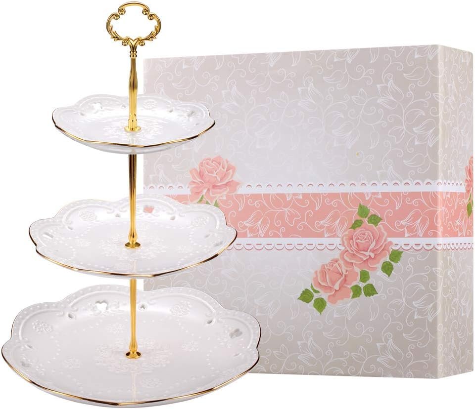 BonNoces 3-Tier Porcelain Embossed Cupcake Stand – Pure White Rimmed with Gold Dessert Cake Stand – Pastry Serving Tray Platter for Tea Party, Wedding and Birthday