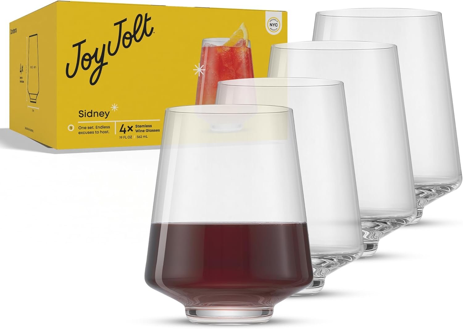 JoyJolt Sidney Stemless Wine Glasses Set of 4 | 19 oz Modern Drinking Glasses | Tapered Bulb Shaped Tumbler Cups for White and Red Wine | Home Bar Glass Set | Premium Crystal Made in Europe