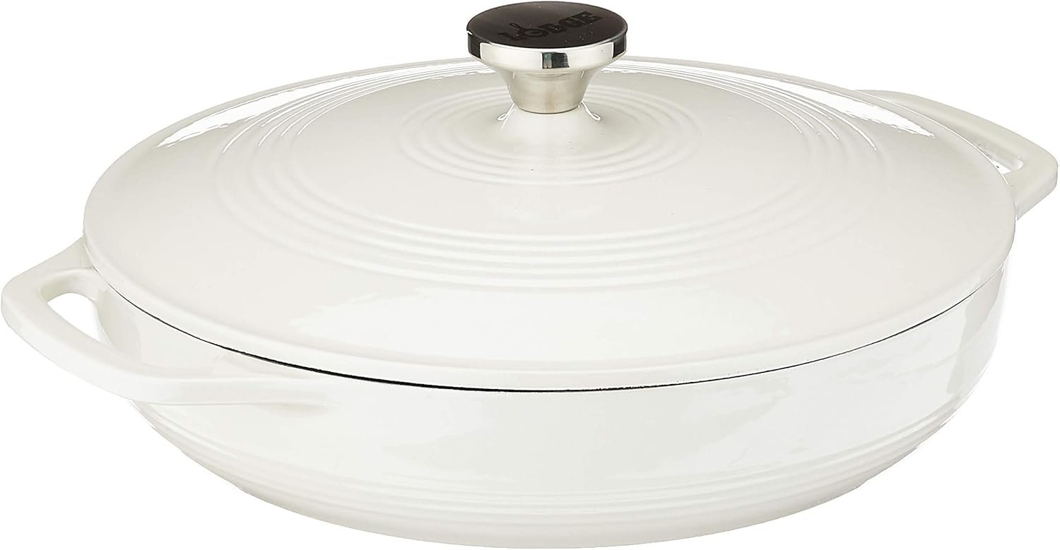 Lodge 3.6 Quart Enameled Cast Iron Round Casserole With Lid– Dual Handles – Oven Safe up to 500° F or on Stovetop – Use to Marinate, Cook, Bake, Refrigerate and Serve – Oyster White
