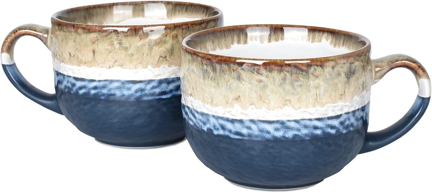 Bosmarlin Jumbo Latte Mugs Set of 2, 16 Oz, Large Stoneware Mug for Coffee, Soup, Cappuccino, Hot Chocolate, Dishwasher and Microwave Safe (Deep Blue, 2)