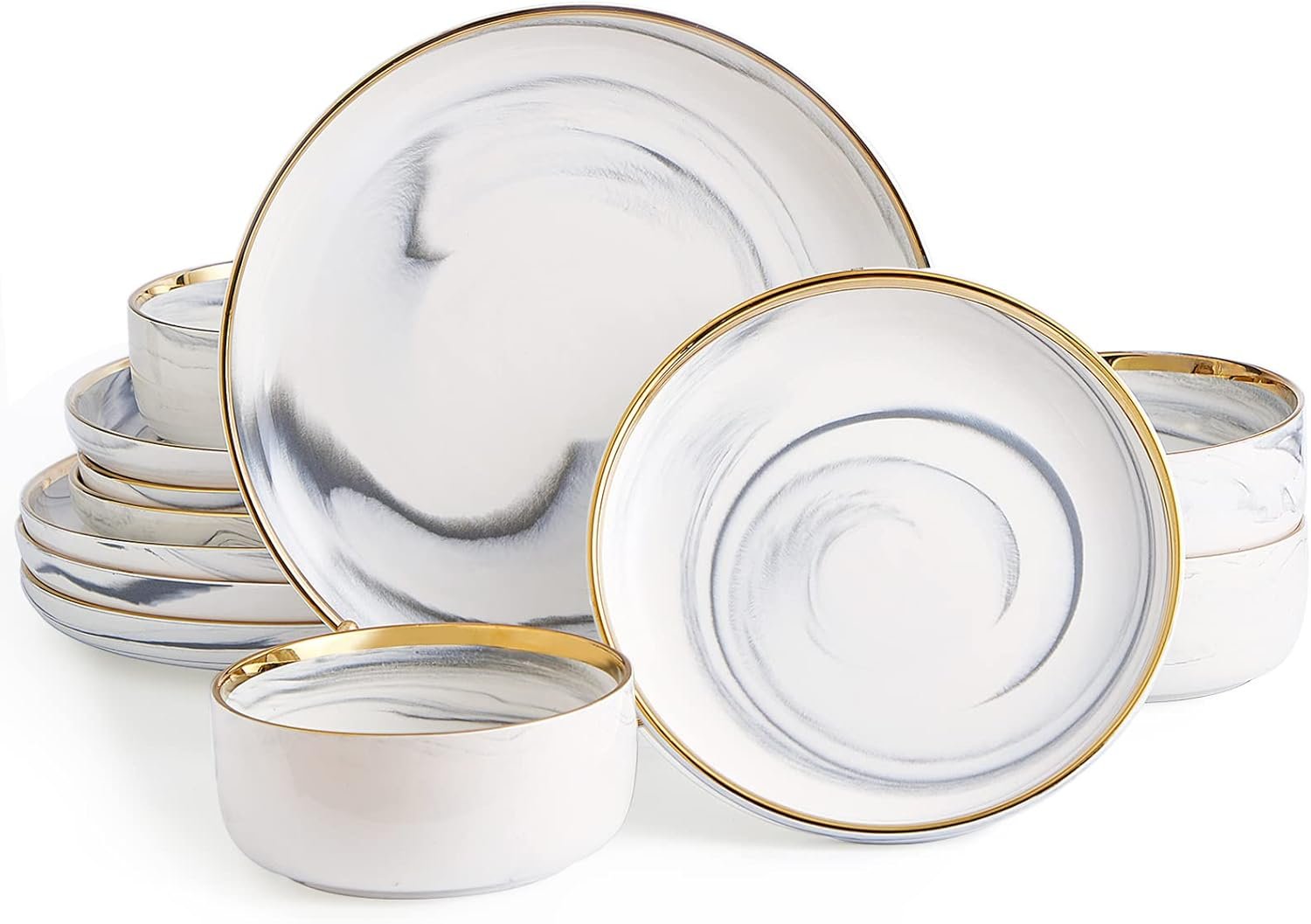 Marble Gold Rim Dinnerware Sets, Porcelain Plates and Bowls Sets, Modern Luxury Dish Set for 4, White Grey China Dinner Set for Special Occasions, Hand Wash Quickly