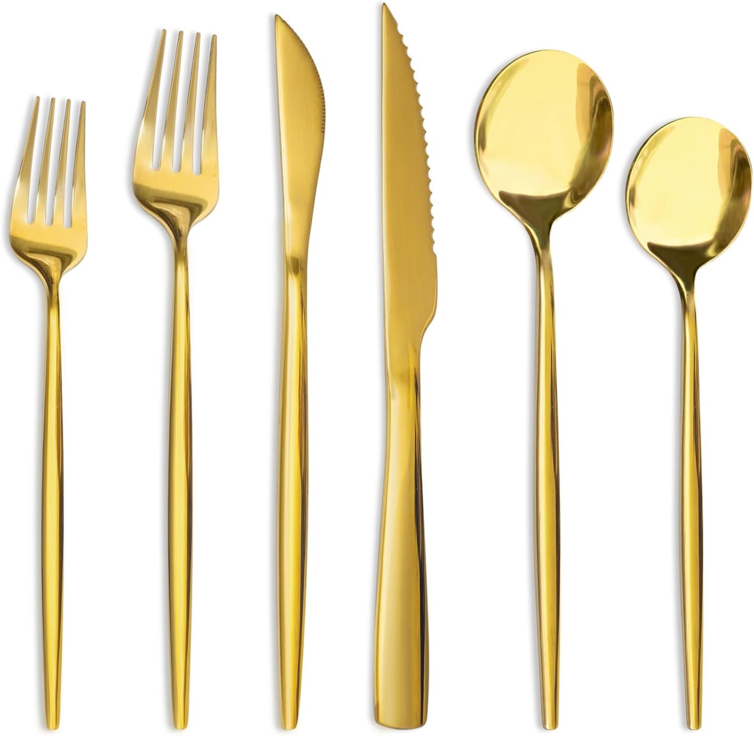Astercook Silverware Set 48-Piece Gold Flatware Set with Steak Knives Food-Grade Stainless Steel Cutlery Set for 8 Mirror Polished Utensils Set for Home Kitchen Restaurant Valentine’s Gift