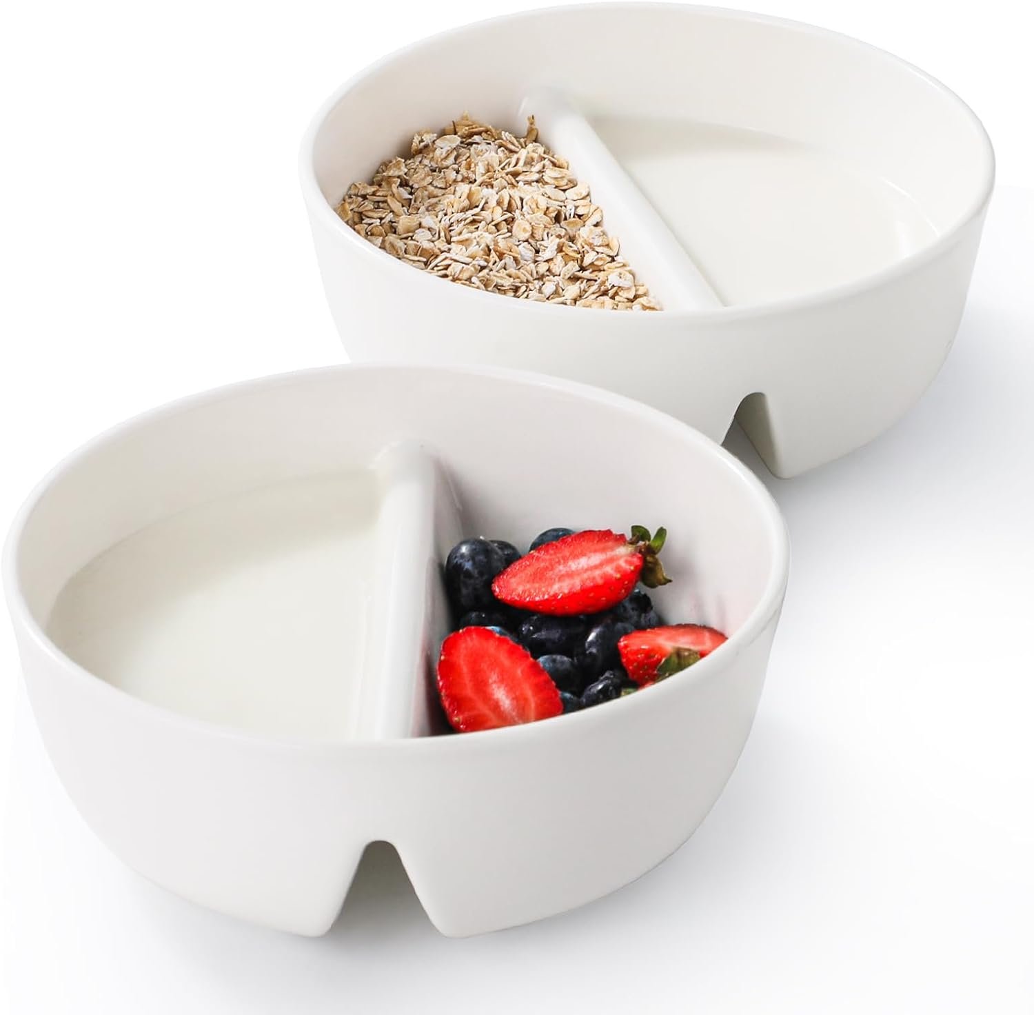 Anti-Soggy Cereal Bowl Set of 2, 6.7 Inch Divided Ceramic Bowls for Cereal and Milk, Chip and Dip Bowl, Soup and Sandwich Plate Combo, Stackable Snack Serving Bowl for Kids Adults, White