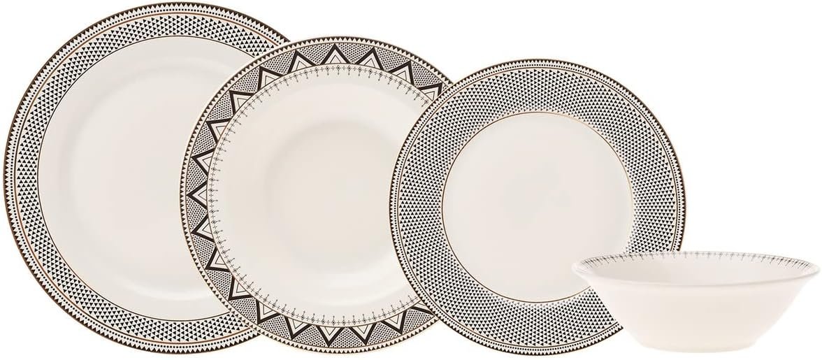 Karaca Globe 24-Piece Dinnerware Set for 6 People – Kitchen Dish Set for Salad, Soup, Pasta, Noodle & More – Modern Chic Porcelain Dishware Plate Set (White with Black Triangle Design)