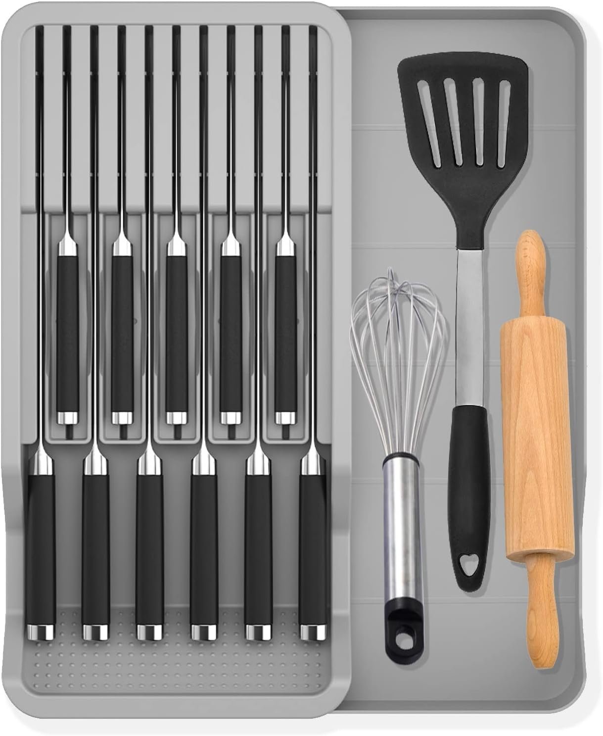 Expandable Drawer Knife Insert Organizer – Plastic Knife Storage Tray for Kitchen Drawers, Adjustable to Fit 11 Knives, BPA-Free, Ventilated, Space-Saving, Easy to Clean