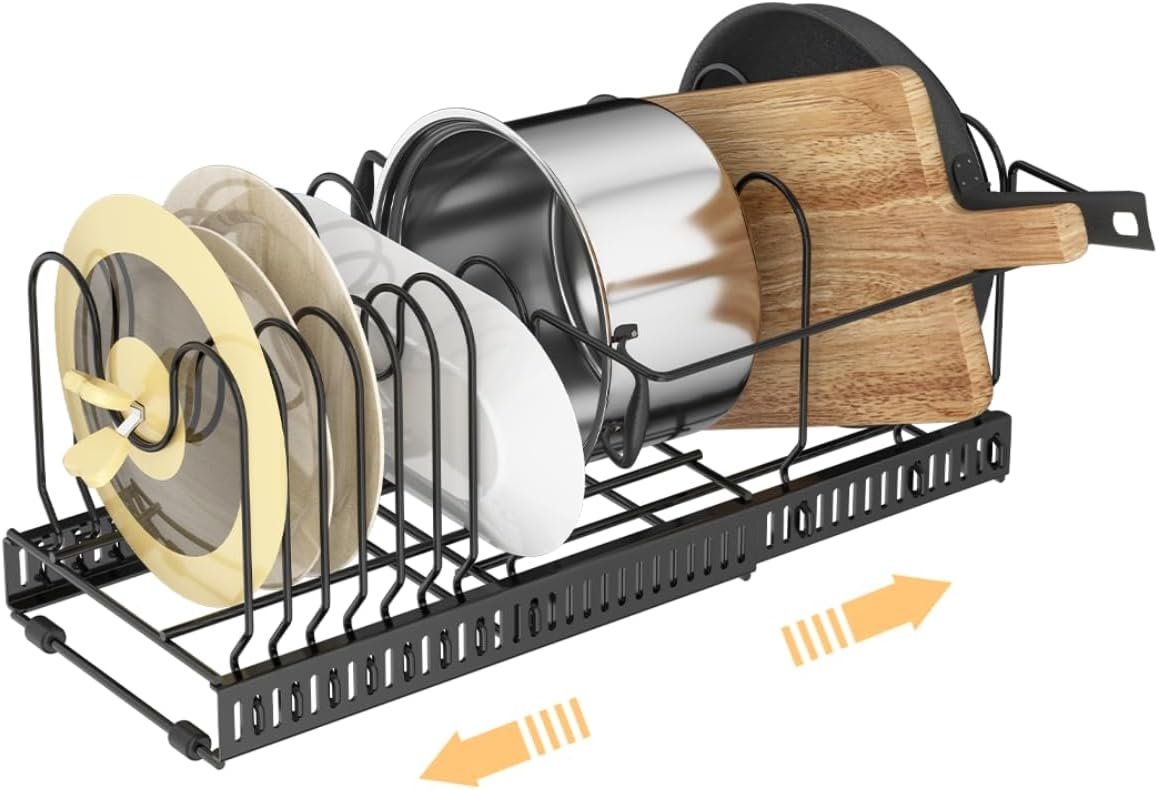 Pot and Pan Organizer for Cabinet & Drawer, Expandable Pan and Lid Rack with Handle Support Bar, Adjustable Cookware Storage for Pots, Lids, Bakeware