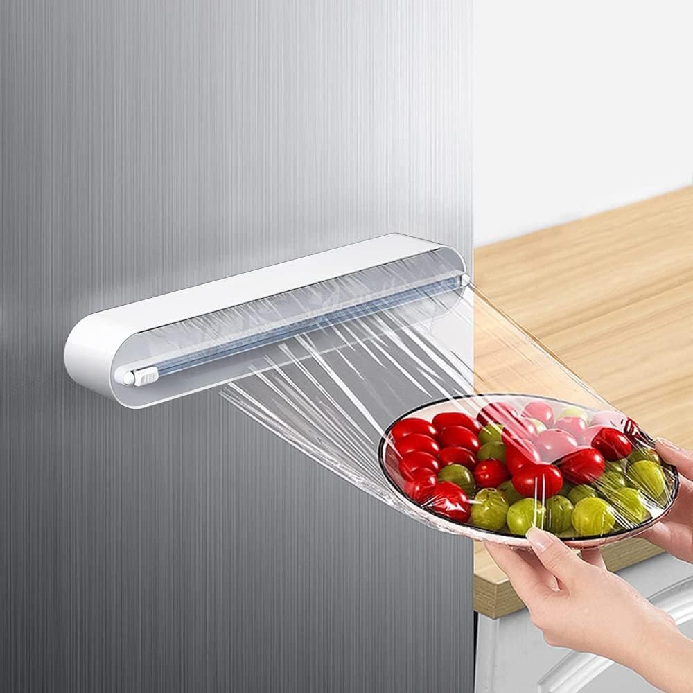 Refillable Magnetic Plastic Wrap Dispenser With Slide Cutter, Sturdy Food Cling Film Cutter, Press and Seal Wrap, 12″ x 328′ Roll BPA Free