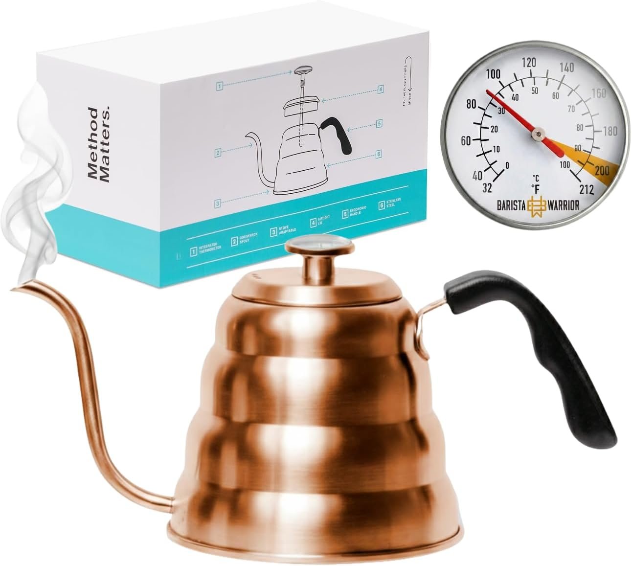 Barista Warrior Gooseneck Kettle with Thermometer – 1.2L Pour Over Coffee & Tea Kettle, Copper Coated Stainless Steel Gooseneck Kettle Pot, Precision Pour Drip Spout, Suitable for All-Stoves (40 floz)