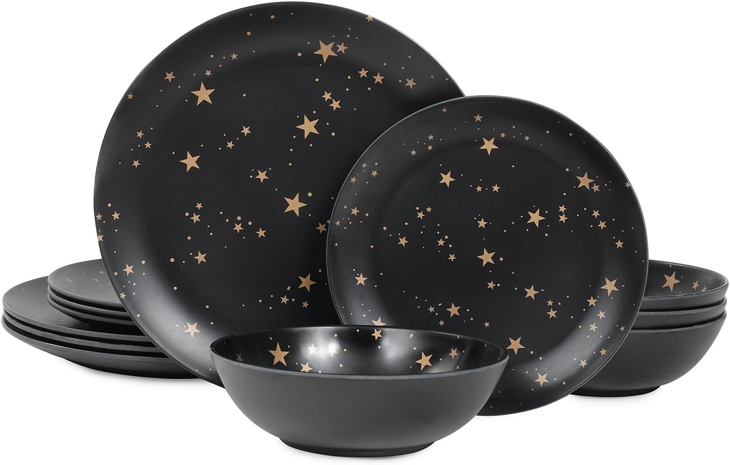 Black Melamine Dinnerware Sets – 12pcs Plates and Bowls Sets, Unbreakable Camping Dishes Set for 4, Indoor and Outdoor Use Non-breakable Dinner Set – Star