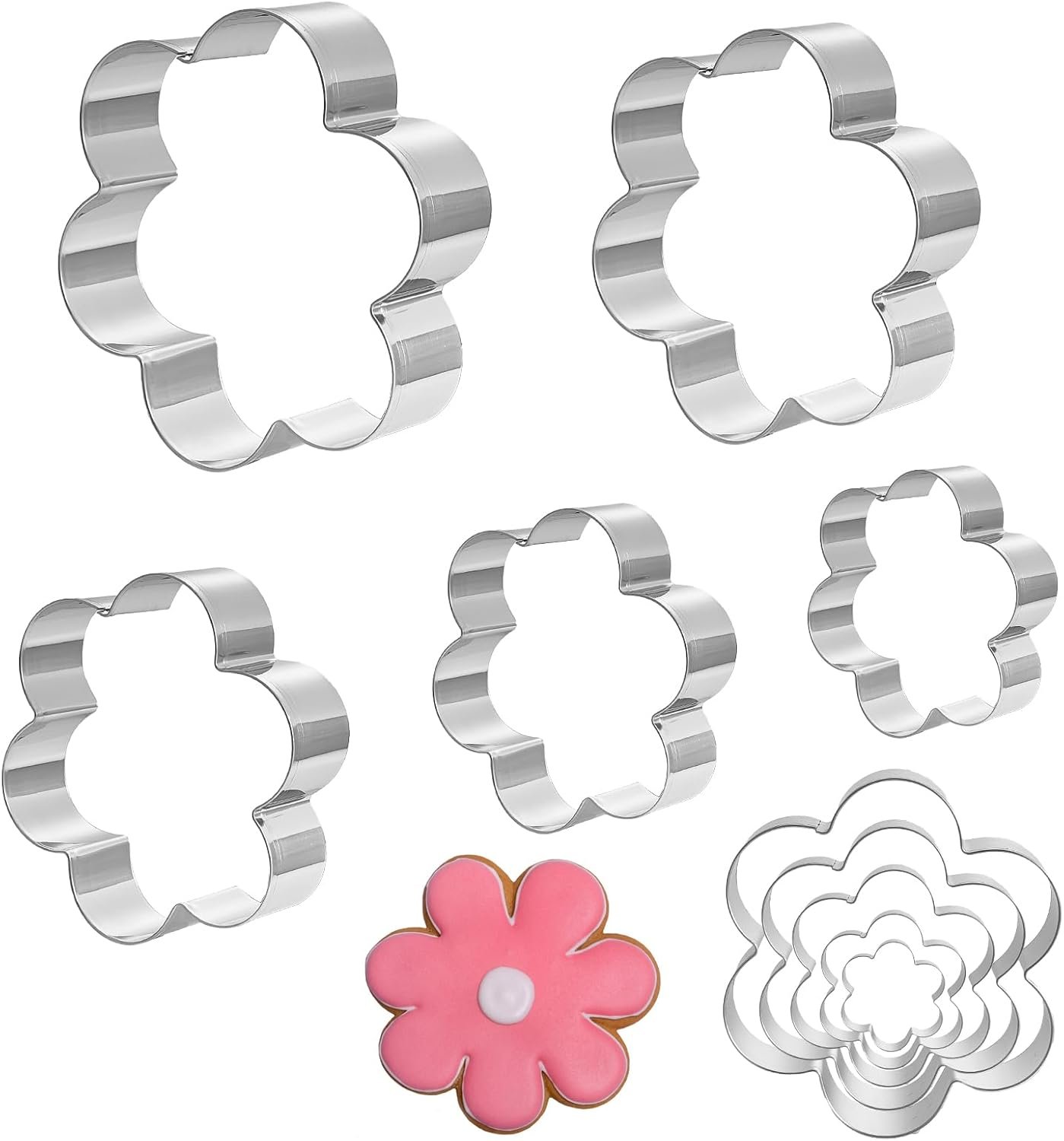 5Pcs Flower Cookie Cutter Set Stainless Steel Sandwiches Cutters Biscuit Molds Small to Large Size of 1.3 Inch 1.8 Inch 2.5 Inch 3.1 Inch 3.7 Inch