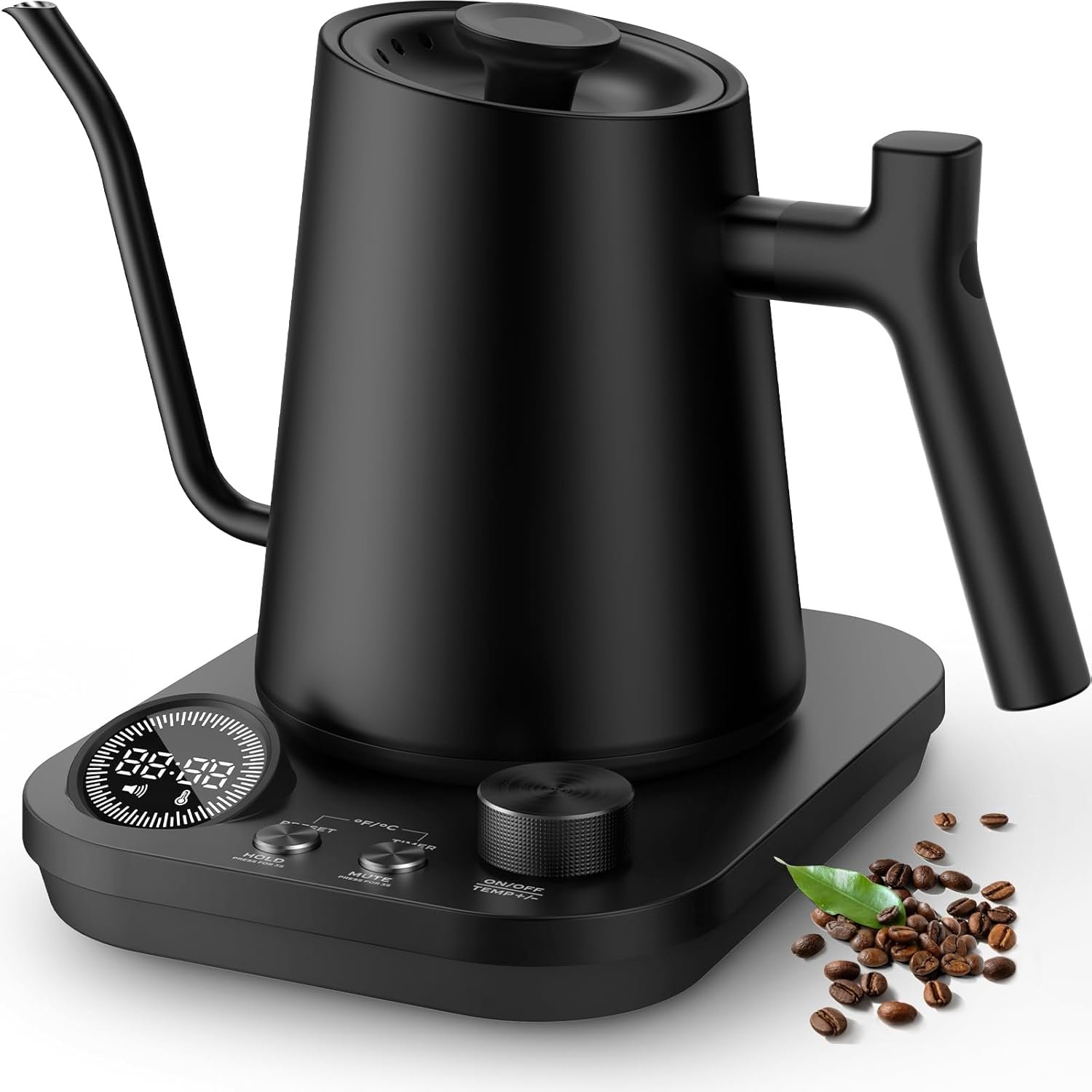 Silonn Gooseneck Kettle, Electric Kettle with ±1°F Precise Temperature Control, Pour-Over Coffee,100°C Hold for 4-Hour Warmth, LED Brew Timer and 7 Presets, 304 Stainless Steel Kettle, 1200W/0.9L