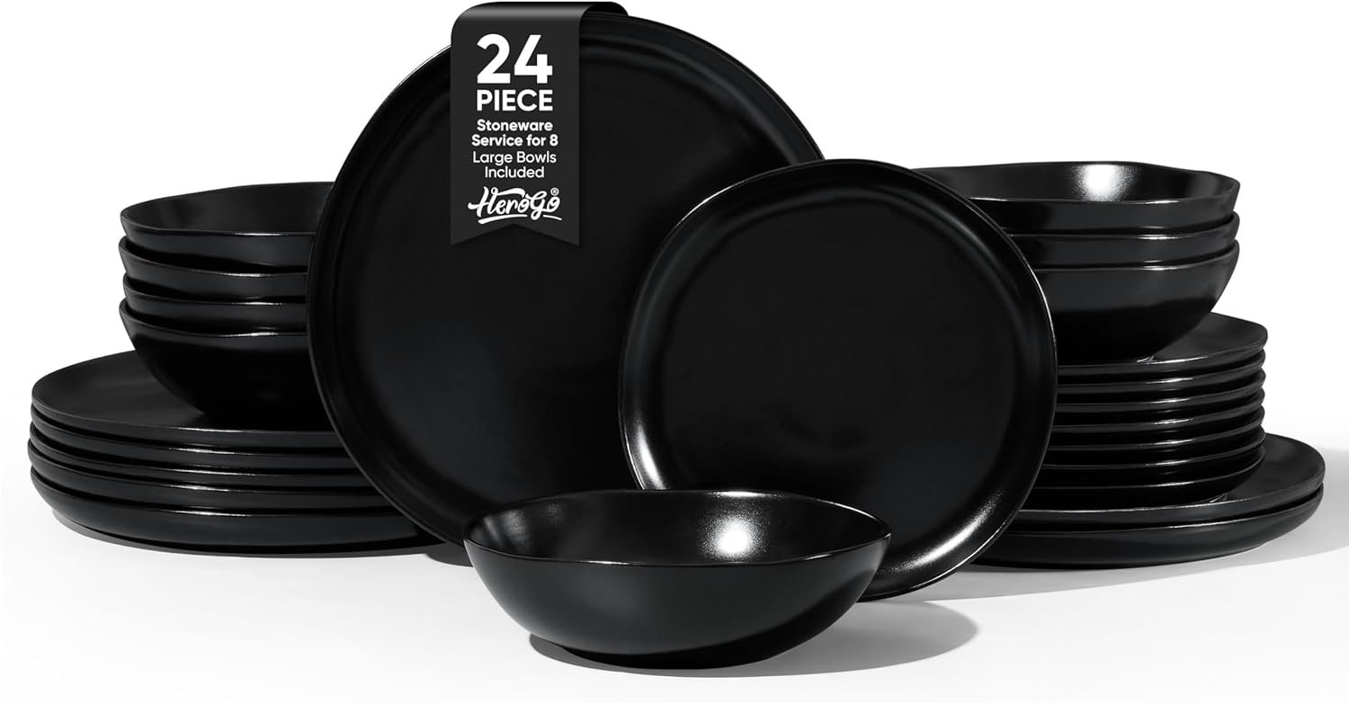 Herogo Stoneware Dinnerware Sets for 8, 24 Piece Ceramic Dinner Dishes Set, Irregular Handmade Plates and Bowls Dishware, Crack and Scratch Resistant, Reactive Glaze, Matte Black