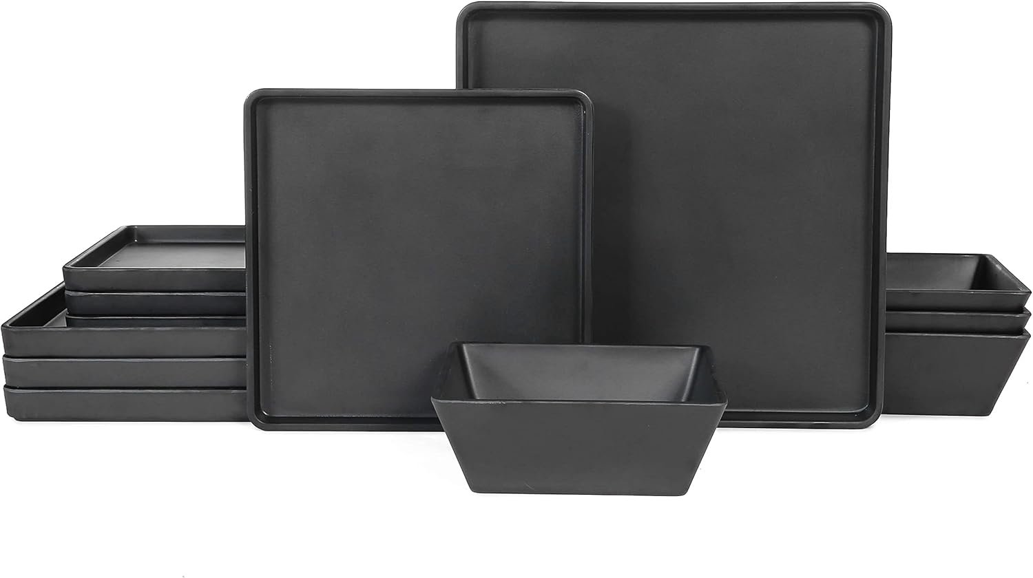 Melamine Dinnerware Sets – 12pcs Square Plates and Bowls Set, Dishes Set, Black
