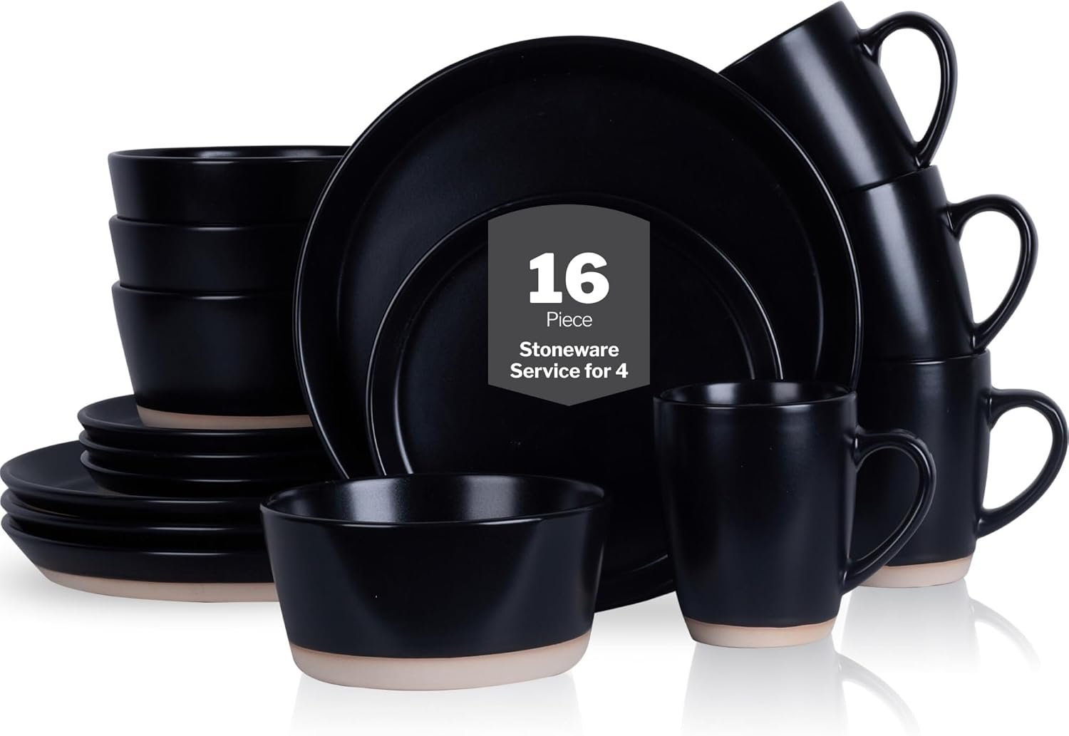 Stone Lain Jules Stoneware 16-Piece Dinnerware Set, Plates and Bowls, Service for 4, Black, Microwave & Dishwasher Safe