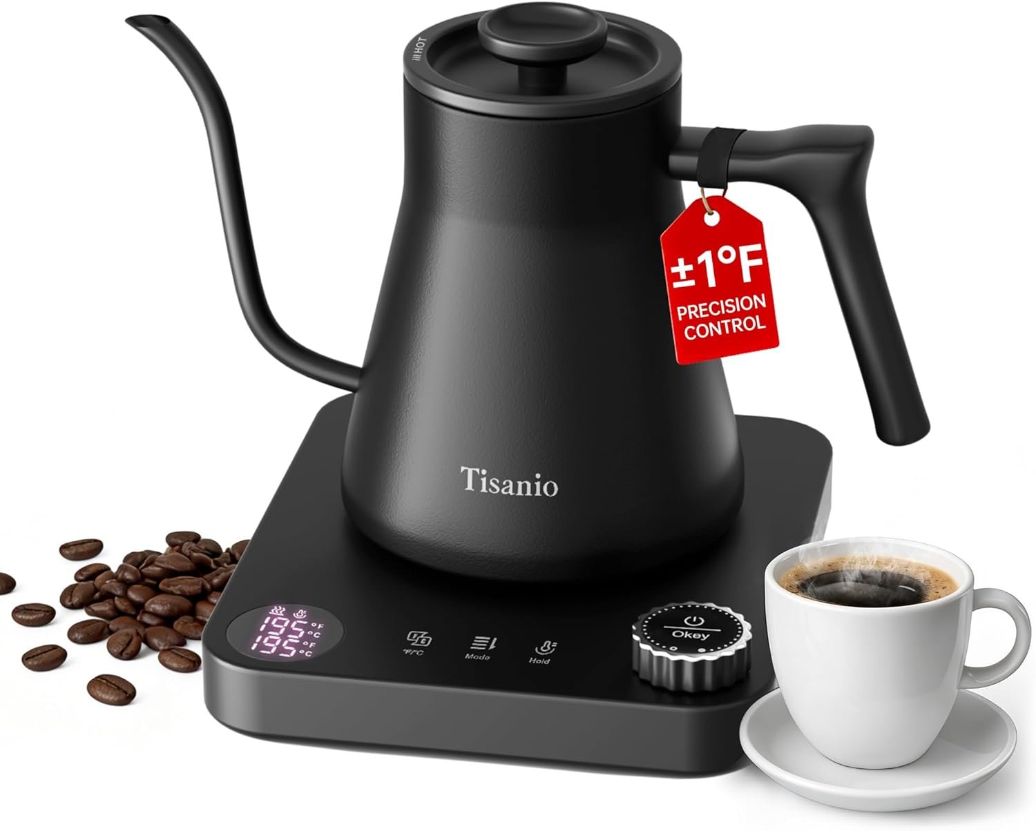 Gooseneck Electric Kettle for Pour Over Coffee, ±1°F Temperature Control, Smart Heating, 304 Stainless Steel, Fast Boil & 2-Hour Keep Warm, 0.9L,Black