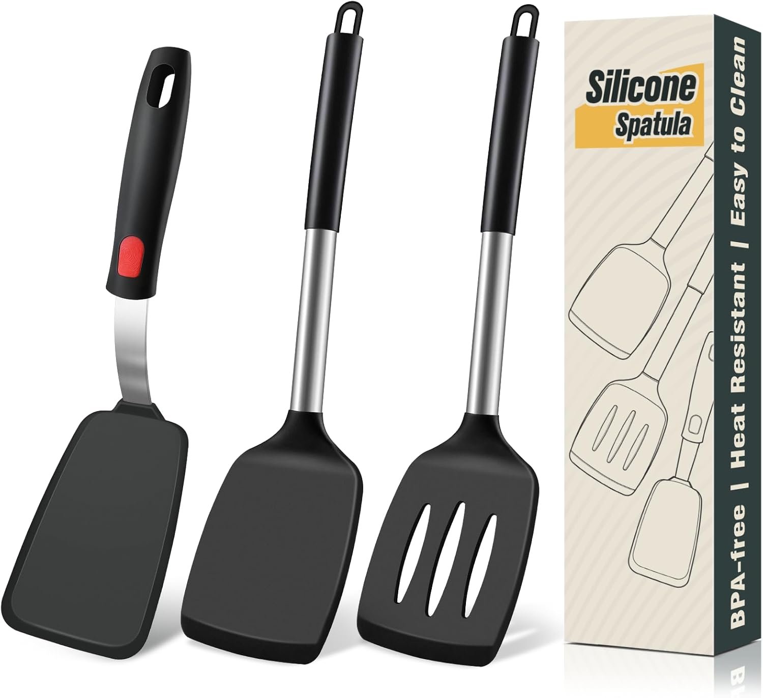 3 Pcs Silicone Spatula Set, Heat Resistant Solid & Slotted Turner for Non-Stick Pans, Silicone Cooking Utensils Set, BPA-Free, Flexible Spatula Turner for Flipping Eggs, Burgers, Pancakes, Black