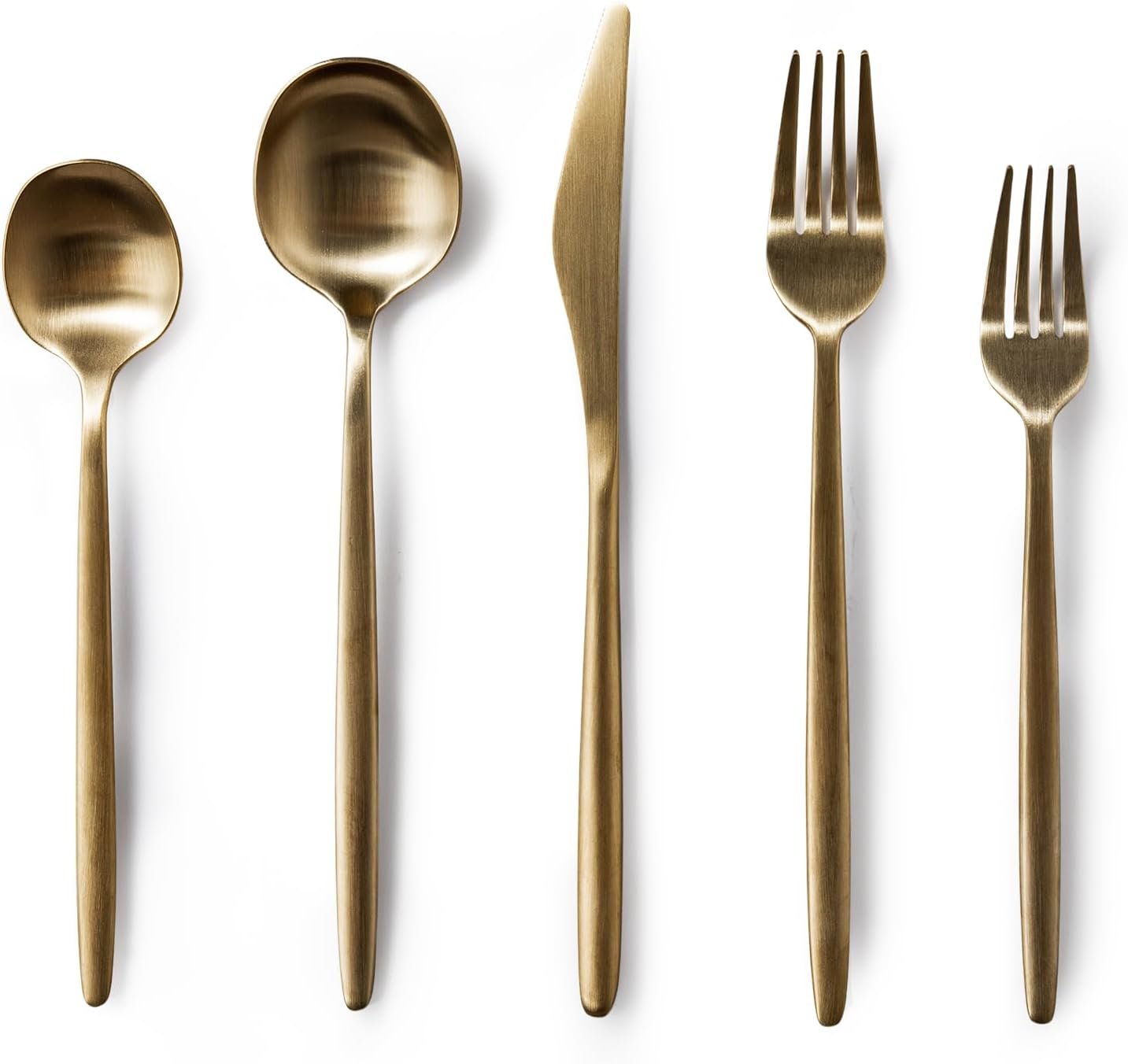 JazzUpCo Minimalist 2.0 Flatware non toxic 18/10 stainless steel dishwasher safe (Matte Gold, 4 Person Set (20 Pieces))