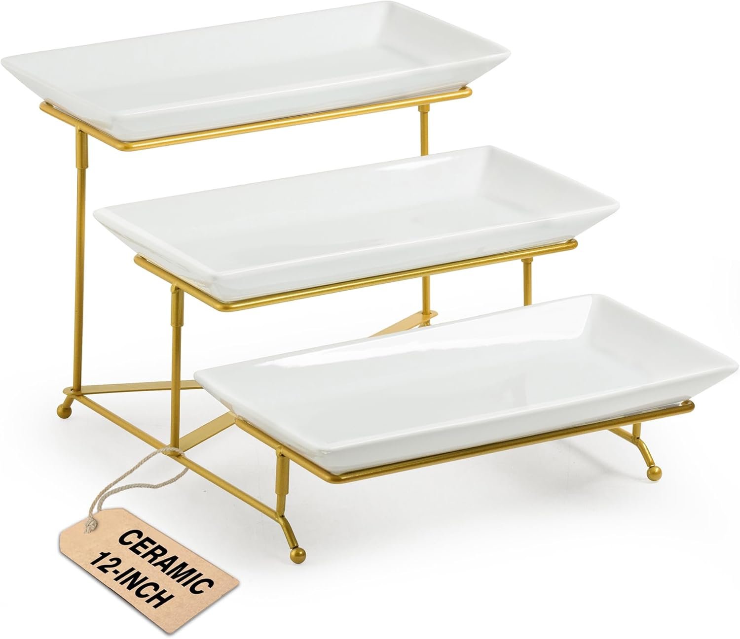 LAUCHUH 3 Tier Serving Tray, Porcelain Serving Platter Tier Serving Stand with Collapsible Sturdier Rack, Serving Trays and Platters Dessert Party Display Set for Mother’s Day, Gold, 12 Inch