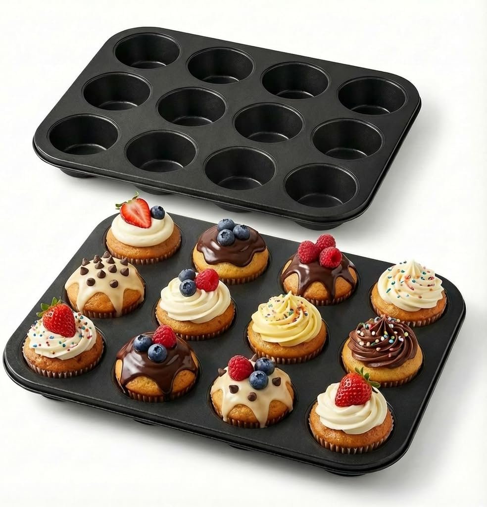 2 Pack Muffin Tin & Cupcake Pan Set, 12-Cup Nonstick Cup Cake Pans for Baking, Carbon Steel Muffin Trays, Egg Muffin Maker, Mini Quiche Pan