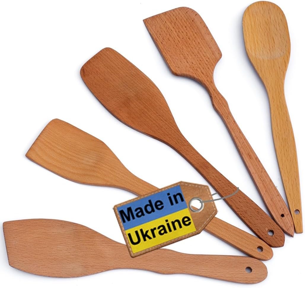 ECOSALL Nonstick Wooden Spoons For Cooking – 5 European Premium Spoons Set – 100% Healthy and Natural Wooden Spatula – Long Handled, Strong, Durable, Solid Wood Cooking Utensils for Everyday Cooking