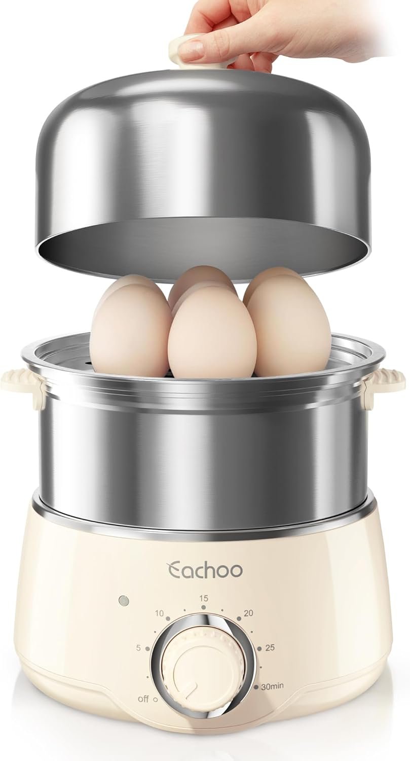 Hard Boiled Egg Cooker – CACHOO 14-Egg Rapid Stainless Steel Egg Boiler with 30-Min Timer & Auto Shut Off, Compact Electric Vegetable Steamer for Cooking, Dishwasher Safe, Beige