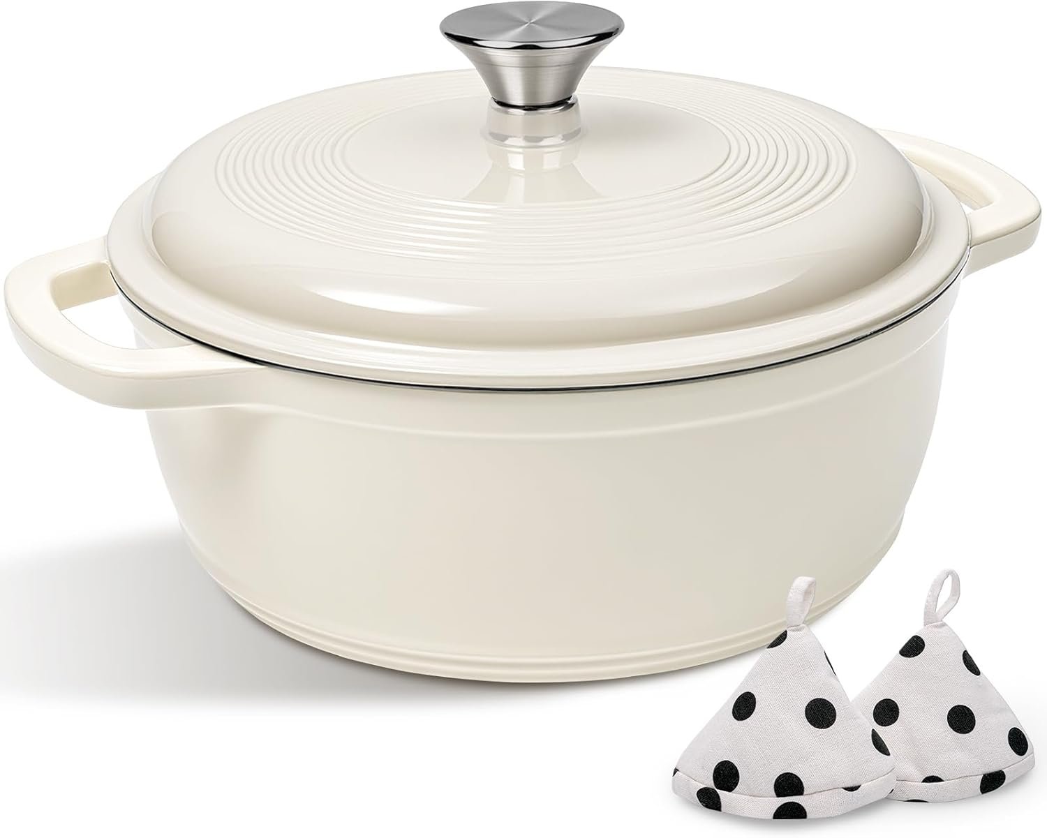 Enameled Cast Iron Dutch Oven Pot With Lid – AIVIKI 5QT Dutch Oven for Bread Baking With Cotton Potholders – Heavy-Duty Cookware for Braising, Stew, Roasting, Oven Safe up to 500°F, Cream White