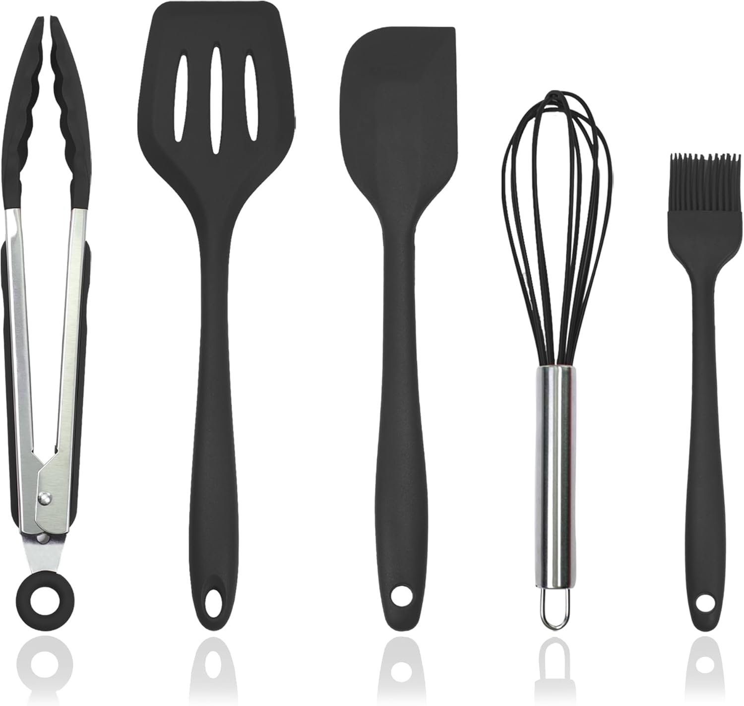 Silicone Kitchen Cooking Utensils Set Kitchen Spatula Set with Holder,5 pcs Heat Resistant Silicone Kitchen Utensils Gadgets Tools Set for Nonstick Cookware,Dishwasher Safe (Black)