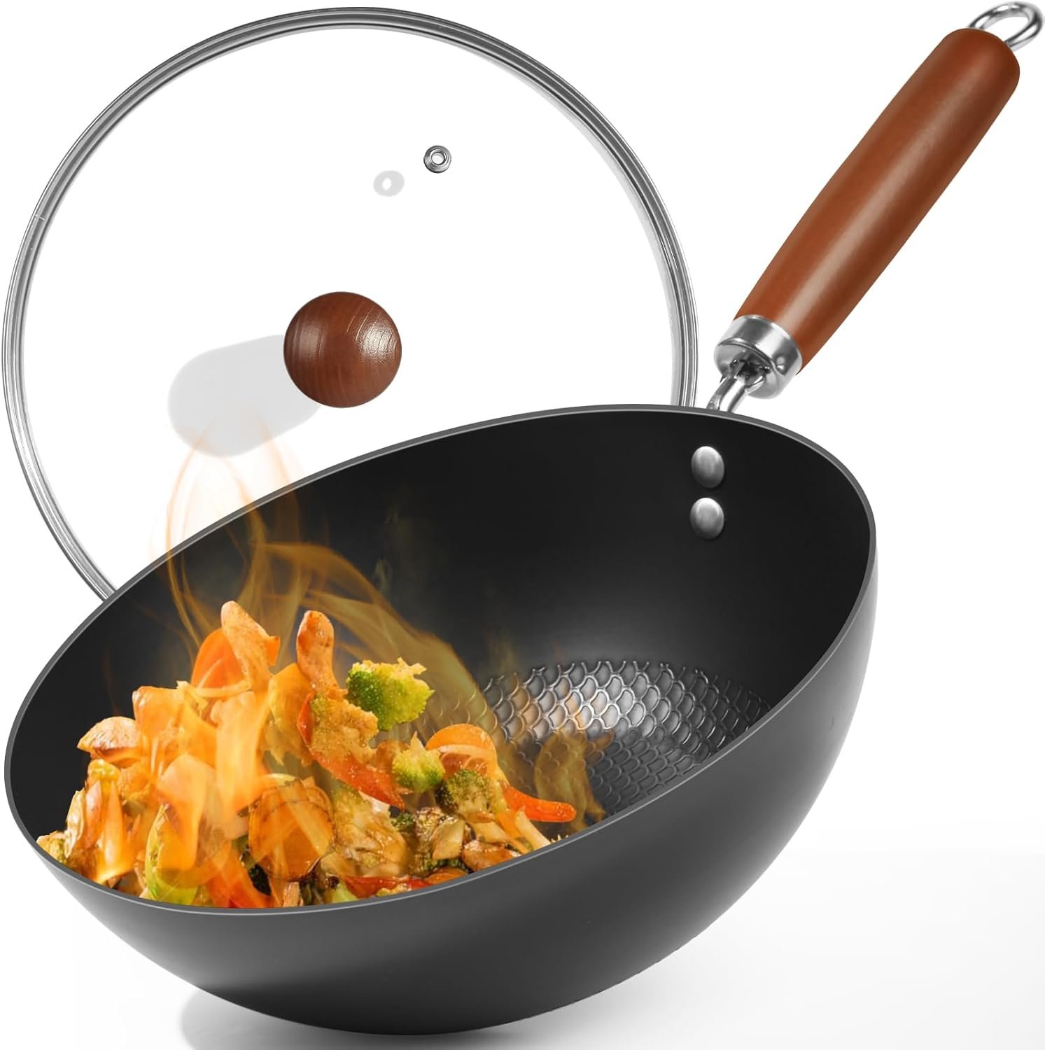 10.5-Inch Carbon Steel Wok, Stay-Cool Wooden Handle Stir-Fry Pan for 2–3 Servings, Authentic Chinese Cooking For All Stovetops, Non Toxic, Oven-Safe, 2-Piece Set