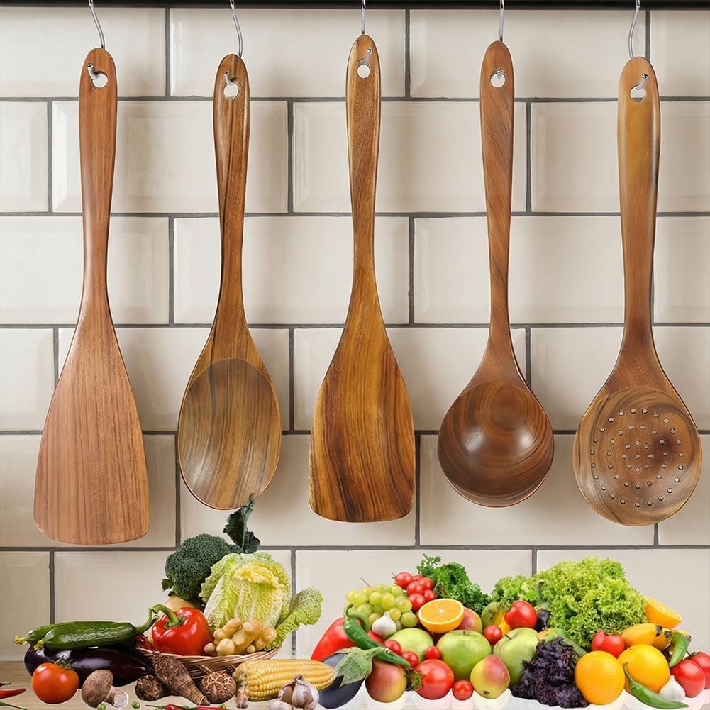 5 PCS Wooden Spoons Set, Kitchen Cooking Utensils with Smooth Non-Stick Surface & Comfort Grip