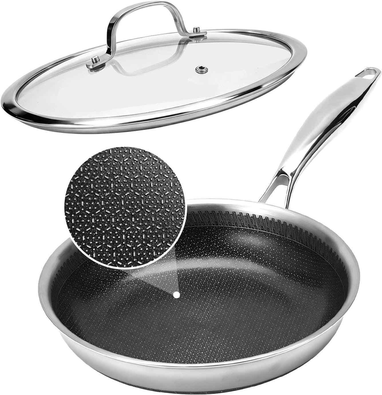 10 Inch Tri-Ply Stainless Steel Hybrid Frying Pan with Lid – Ceramic Nonstick Skillet, Induction & Oven Safe 600°F, PFAS/PFOA Free Professional Clad Cookware