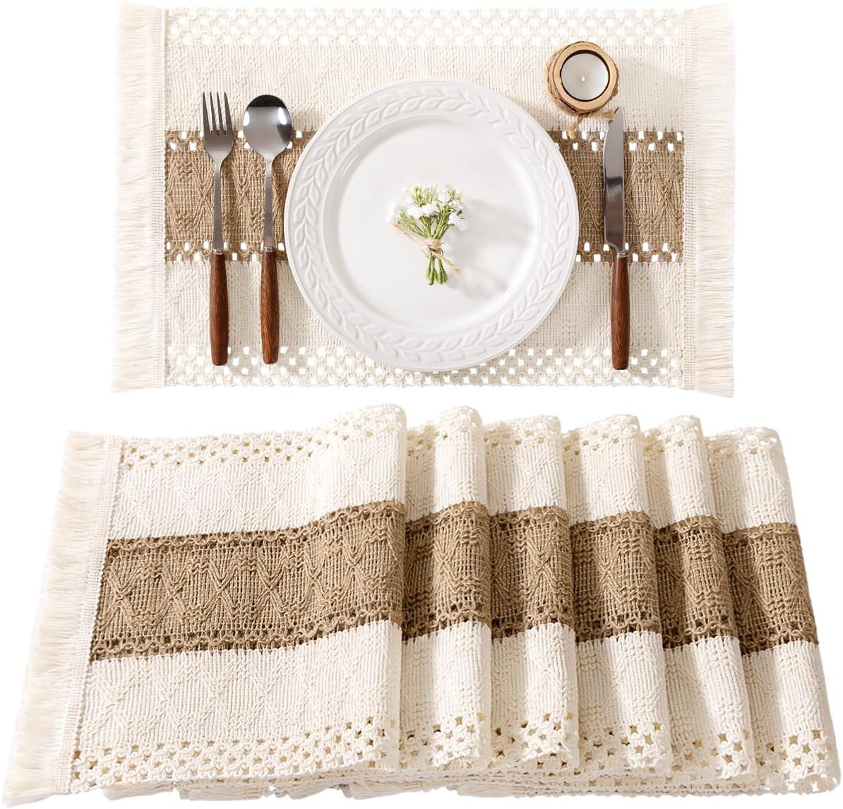 Socomi Boho Placemats Set of 6 Washable Cotton Burlap Farmhouse Table Mats Macrame Woven Dinner Table Decor Centerpiece for Party Home Decor