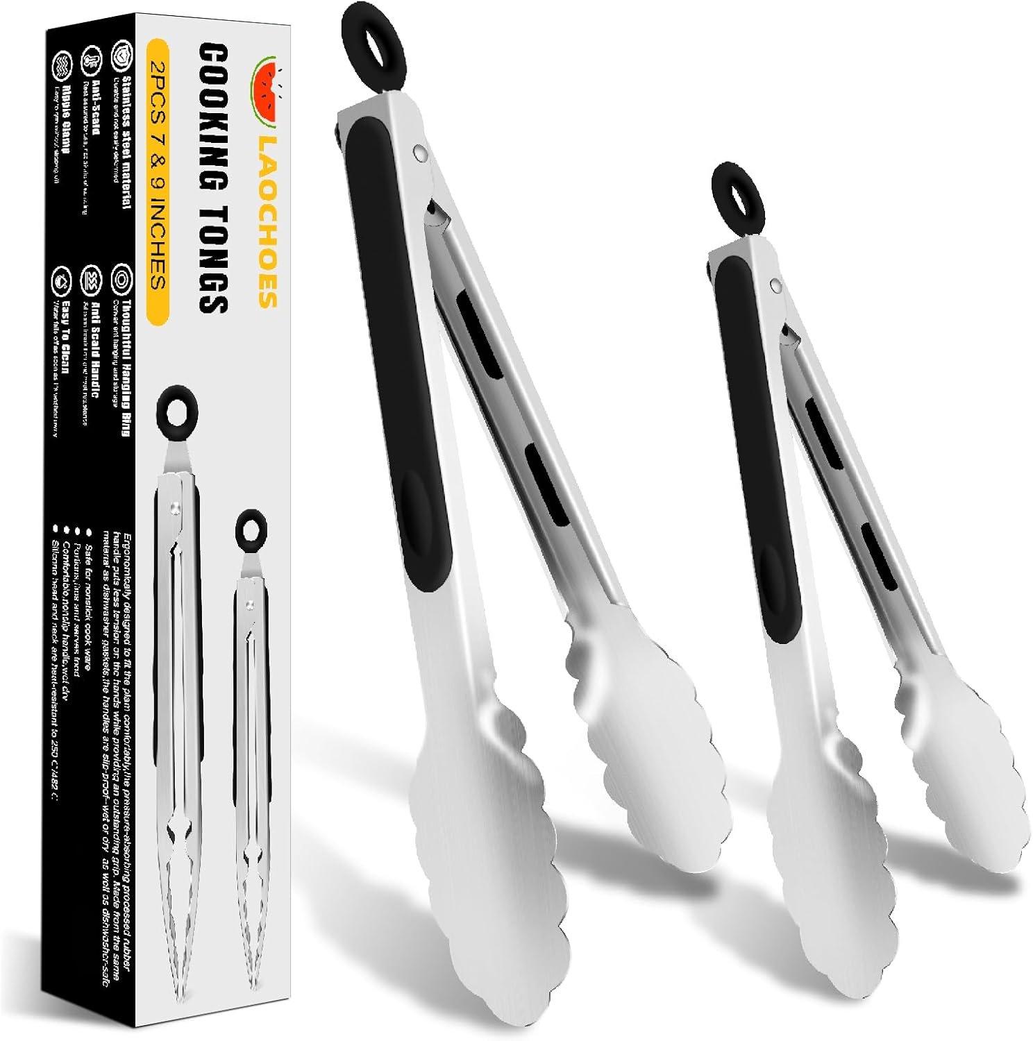 Kitchen Tongs, Stainless Steel Tongs, Non-Slip Handle Tongs, Cooking Tongs Utensils Dishwasher Safe, Perfect for Food,Salad and BBQ set of 2 (7″ and 9″)