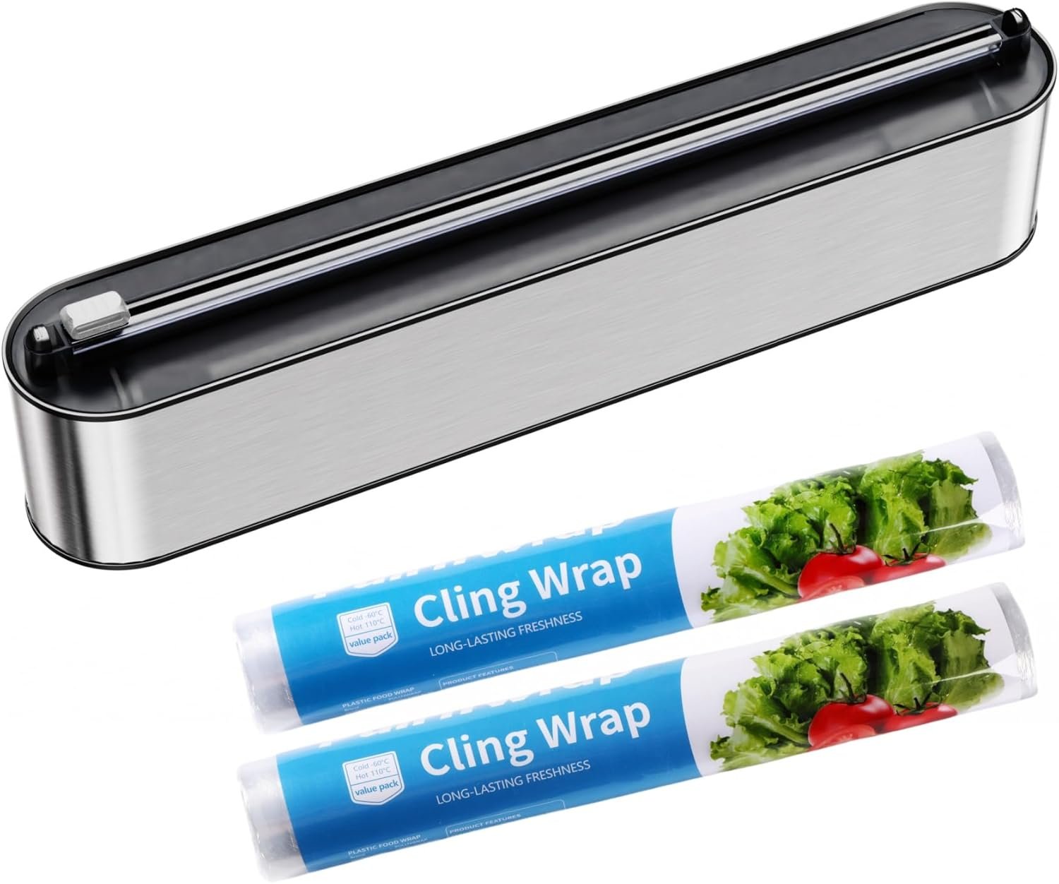 Aluminum Foil & Plastic Wrap Dispenser with Cutter – Magnetic & No-Drill Wall Mount, Stainless Steel Design, Space-Saving Kitchen Organizer for Worktops & Cabinets – Fits 12″ Rolls, Silver