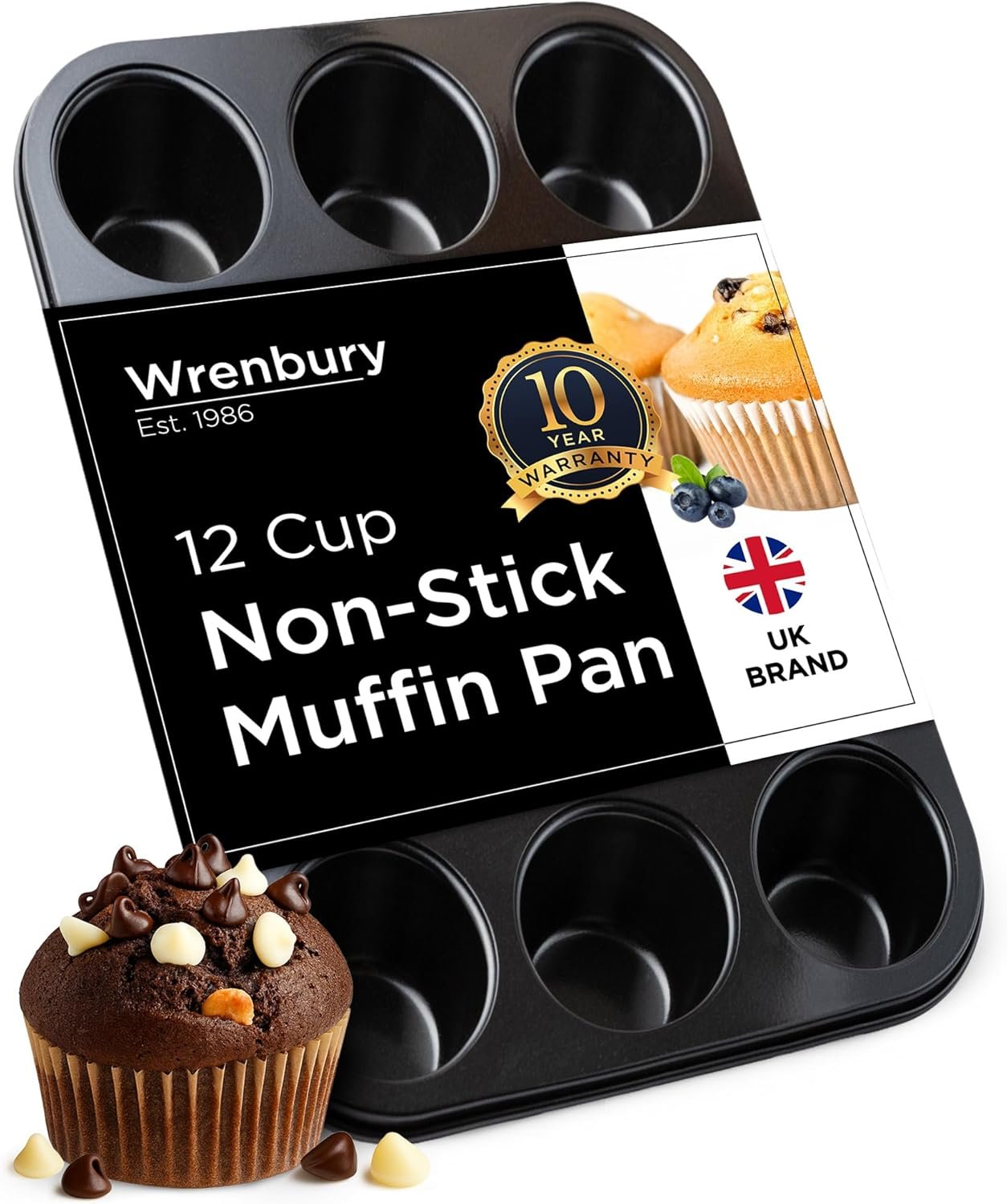 Wrenbury Nonstick Muffin Pan 12 Cup – Deep Cupcake Yorkshire Pudding Tin, PTFE & PFOA Free Carbon Steel, Warp Resistant Baking Tray for Even Bakes