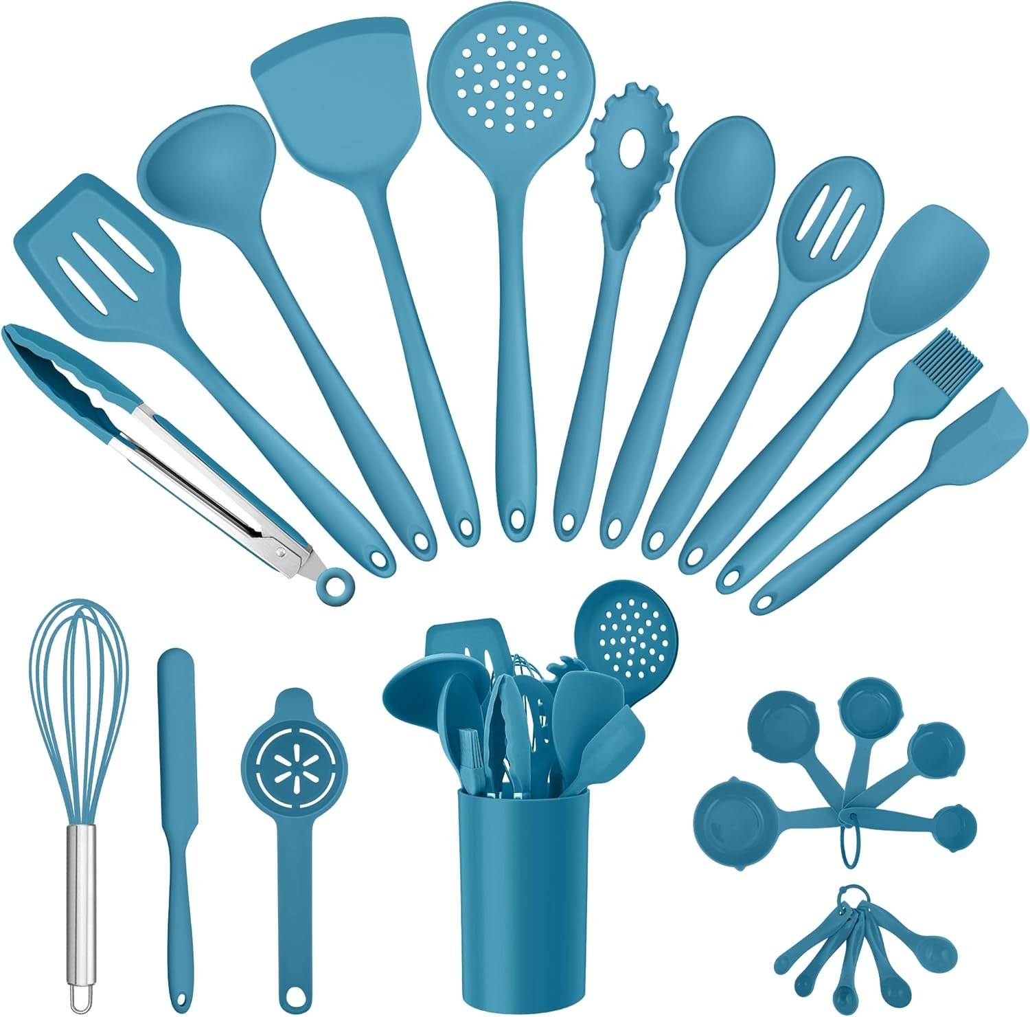 E-far Silicone Cooking Utensils Set, 25 Piece Kitchen Utensils with Holder, Non Toxic Kitchen Tools Spatula, Turner, Spoon, Ladle for Nonstick Cookware, Heat Resistant & Dishwasher Safe – Blue