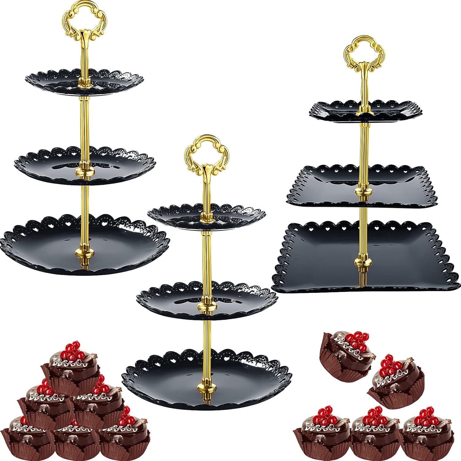 Honeydak 3 Sets of 3 Tier Serving Tray 3 Tiered Dessert Stand Wedding Cupcake Stand PP Plastic Cupcake Holder Dessert Tray Cake Fruit Candy Table Display Set for Birthday(Black)