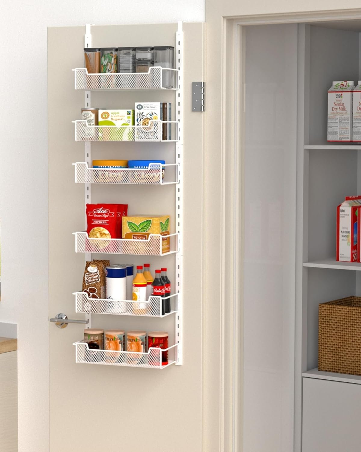 12.3″ W Narrow Over the Door Pantry Organizer, 6-Tier Over the Door Organizer with Adjustable Basket, Pantry Door Organization for Pantry Kitchen Storage Room Spice Rack, White