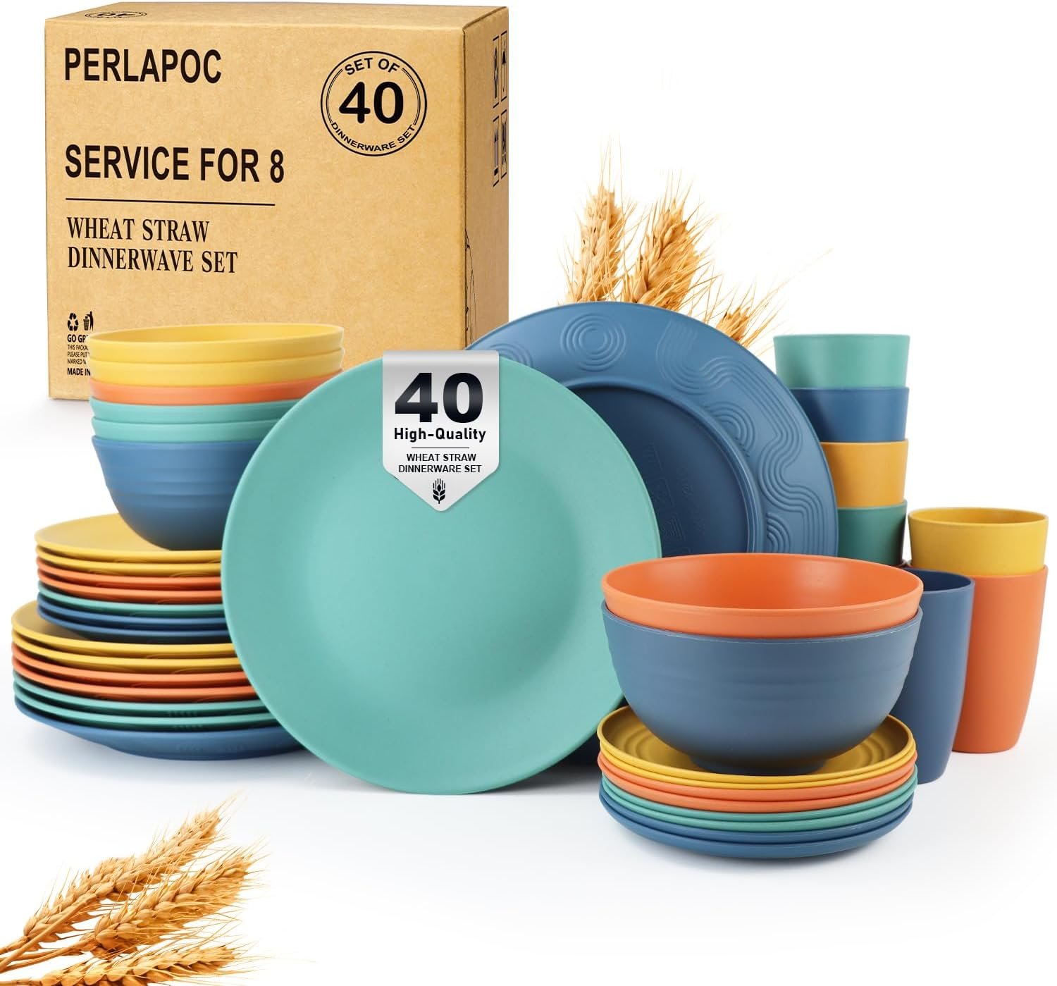 Wheat Straw Dinnerware Set 40 PCS – Service for 8 | Plates and Bowls Sets | Unbreakable Dishes Set – Dinner Plates, Dessert Plate, Cereal Bowls, Drinking Glasses, Dishwasher Safe – Multi