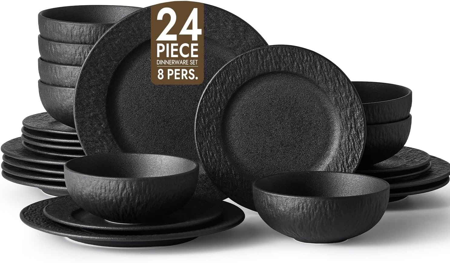 KINGSTONE Black Dinnerware Sets, 24-Piece Matte Marble Pattern Premium Porcelain, Place Setting with Dinner Plate, Salad Plate, Pasta Bowl, Microwave and Dishwasher Safe