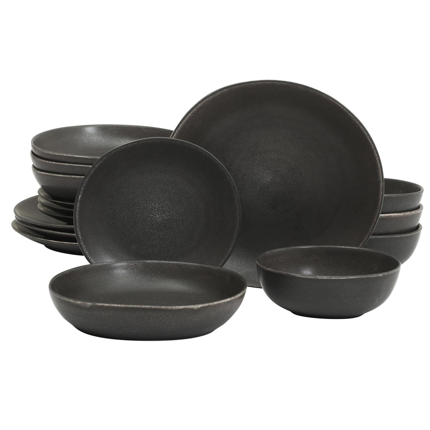 Gibson Elite Zion Mist 16 Piece Stoneware Reactive Glaze (Service for 4) Ceramic Plates and Bowls Modern Organic Dinnerware Set – Black
