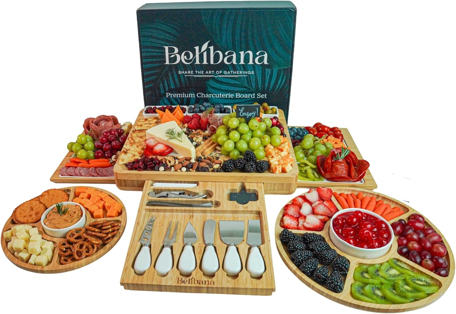 Charcuterie Board Set, Bamboo Cheese Serving Platter with 3 Ceramic Dishes, 2 Round Snack Trays, Hidden Knife Drawer & Accessories, Ideal Housewarming, Wedding Gift & Gatherings.