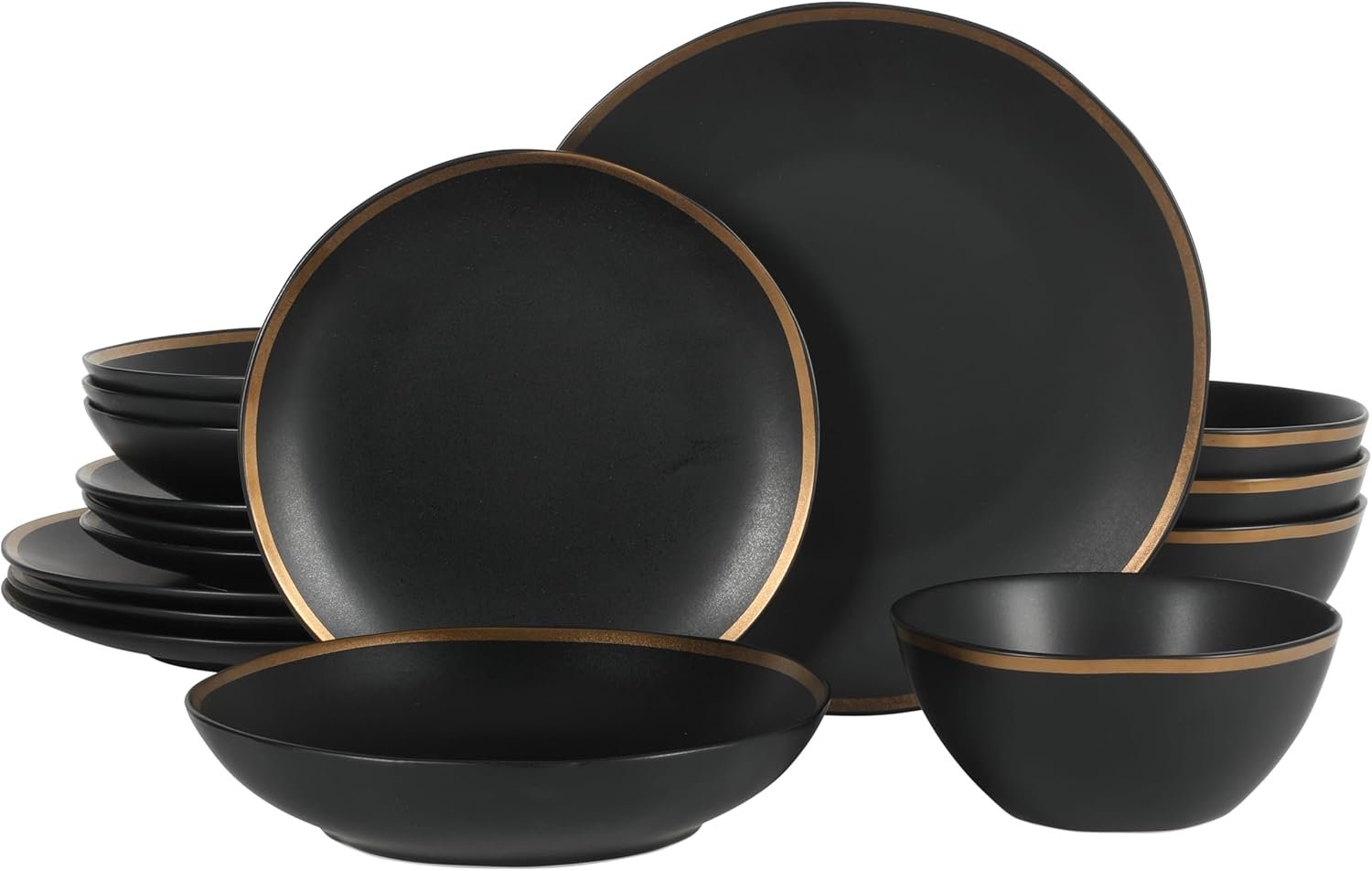 Gibson Elite Kings Road Double Plates and Bowl Organic Round Porcelain Dinnerware Set – Matte Black w/Gold Rim