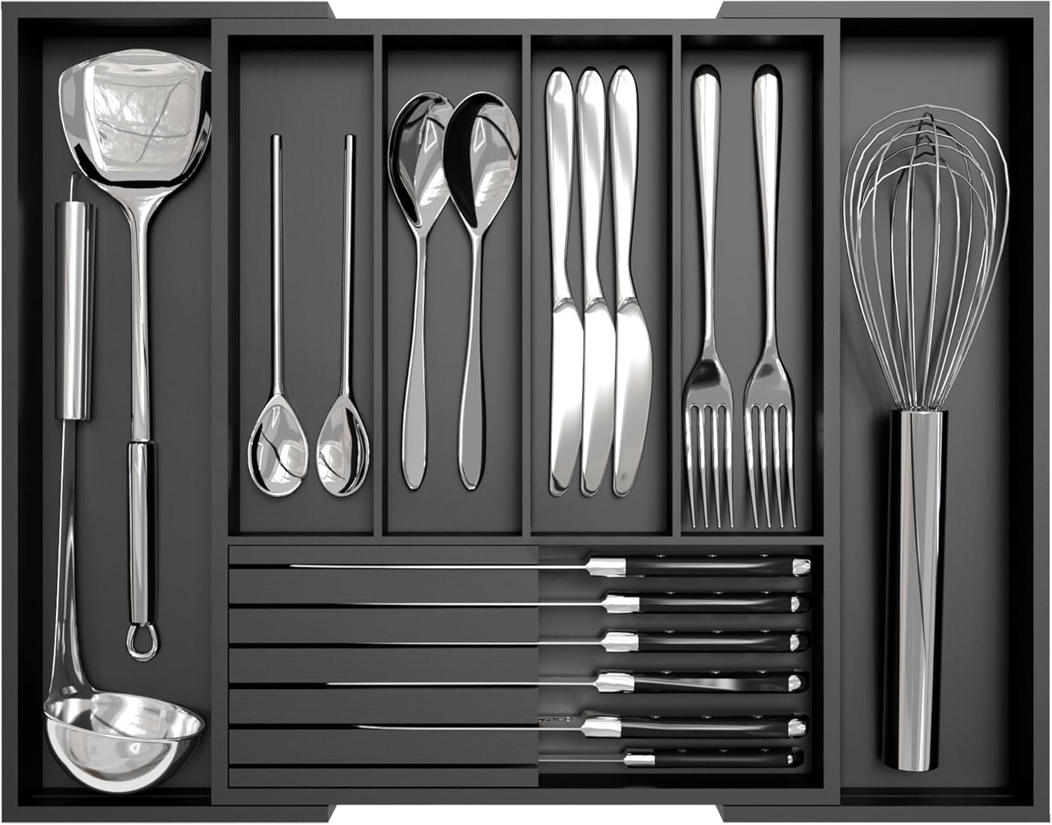 Bamboo Kitchen Silverware Drawer Organizer – Expandable Wood Utensil Holder with Dividers, Luxury Cutlery Storage Tray for Kitchen Utensil and Flatware (5-7 Slots with Removable Knife Block, Black)