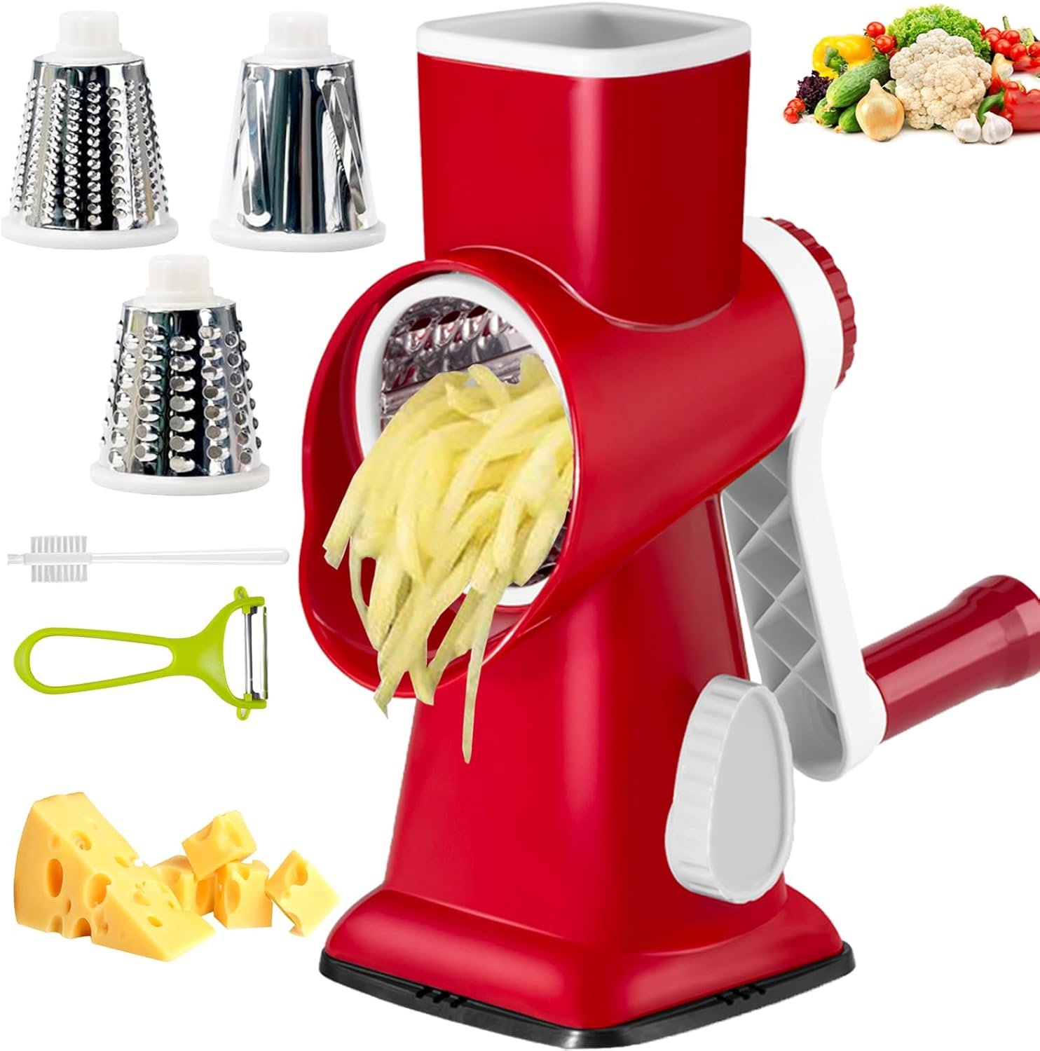 Cheese Grater with Handle, Multifunctional Manual Rotary Cheese Grater – Cheese Shredder Easily Chop Carrots, Potatoes, Vegetables and Fruits and Easy to Clean(red)