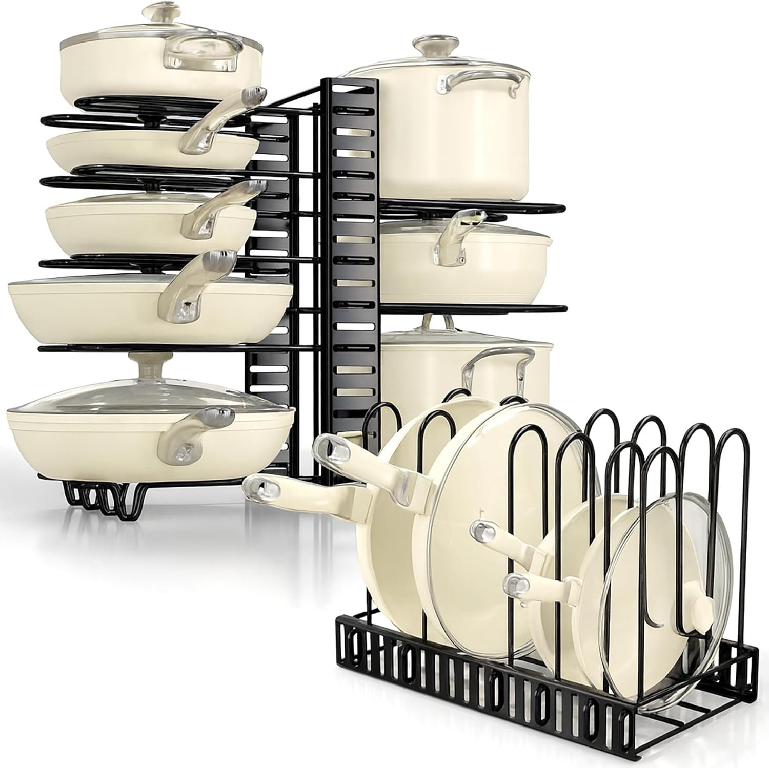 Pots and Pans Organizer for Cabinet, 3-in-1 Adjustable Cookware Storage Rack System, 8 Tier Pot Organizers Rack, Adjustable Pan Organizer under Cabinet Kitchen Organization and Storage 16.5 Height.