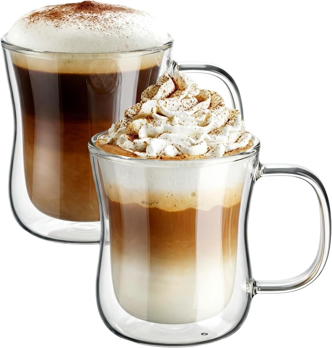 ecooe 12 oz Double Walled Glass Coffee Mug Latte Cappuccino Cups Set of 2, Clear Glass Coffee Cups with Handle, Insulated Coffee Cup Borosilicate Heat Resistant Double Wall Glass Coffee Mug Tea Cups