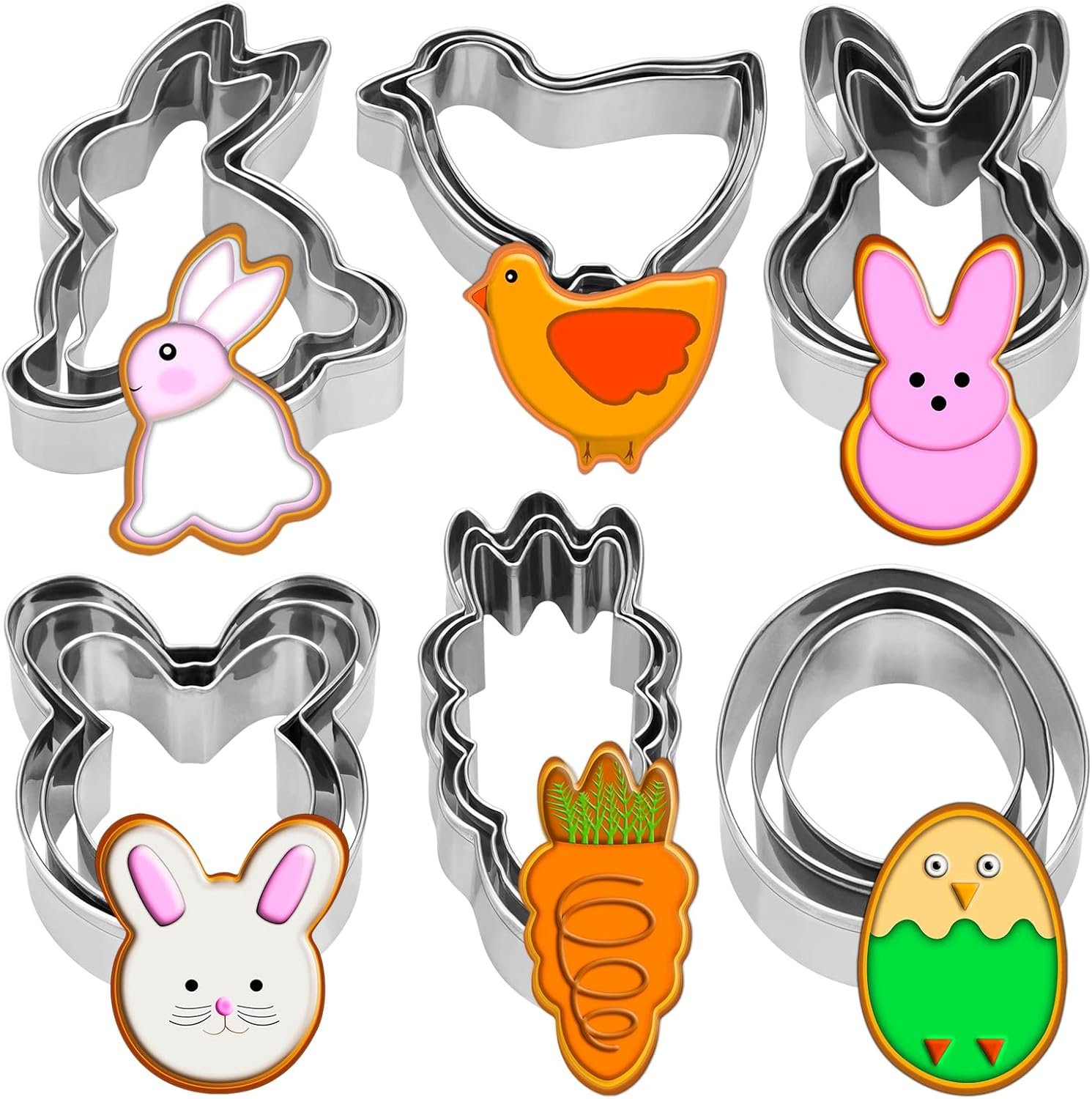 18 Pieces Easter Cookie Cutter Set – Bunny, Bunny Face, Rabbit, Egg, Chick, Carrot – Stainless Steel Easter Cookie Cutters – Large Cookie Cutters for Spring Holiday Baking
