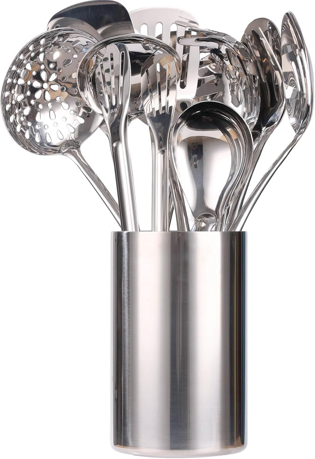 18/10 Stainless Steel Kitchen Utensils Set with Holder – 15″ Spatula Spoon Set with Storage Organizer for Countertop, Fork, Tongs, Spatula, Ladle, Skimmer, Turner, Spaghetti, Large Spoon Set of 12