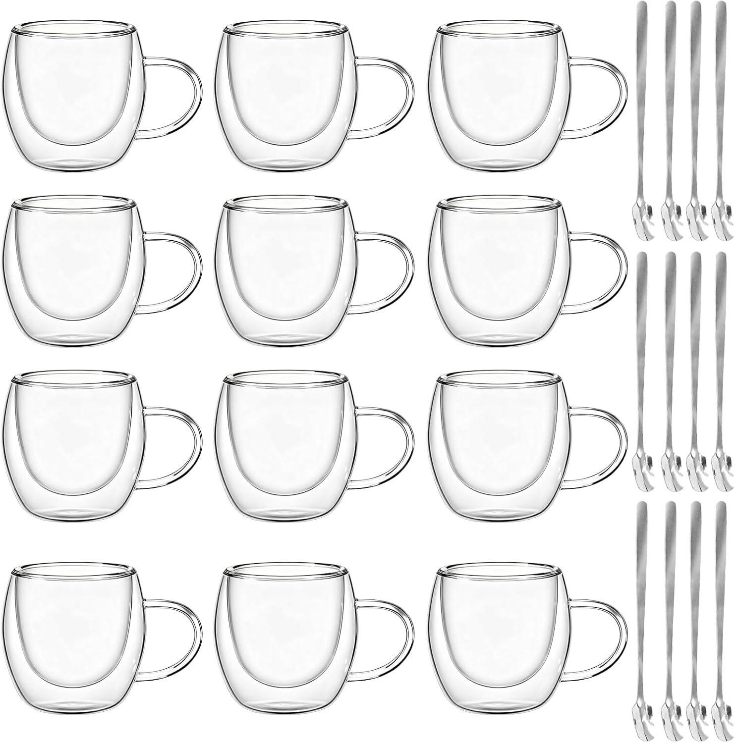12 Pcs 8 oz Glass Coffee Mugs with Handle and Spoons Clear Insulated Tea Cups Set Espresso Coffee Mugs Borosilicate Double Glassware Cups for Latte Iced Hot Beverages