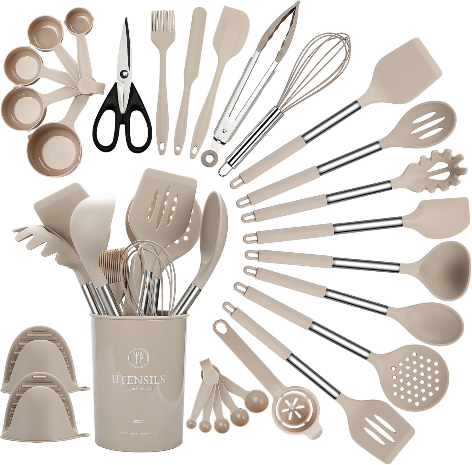QMVESS Silicone Cooking Utensils Set, 28 Pcs Non-Stick Kitchen Utensils Set with Holder, 446°F Heat Resistant Spatula, Tongs, Spoons Set with Stainless Steel Handle Kitchen Gadgets (Khaki)